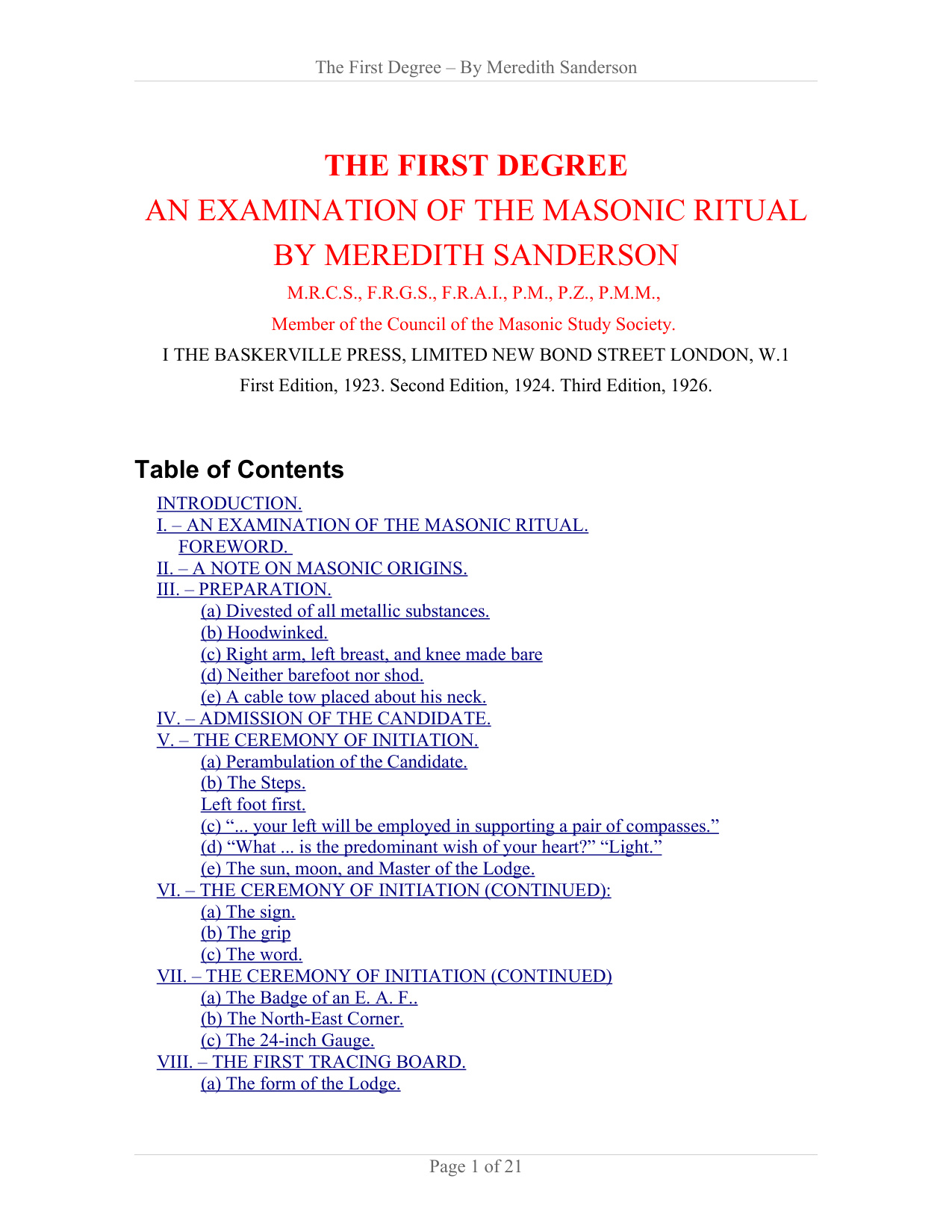 1St Degree Masonic Ritual book cover