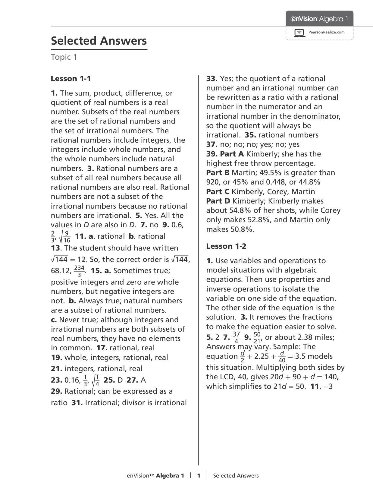 Envision Algebra 1 Answer Key book cover