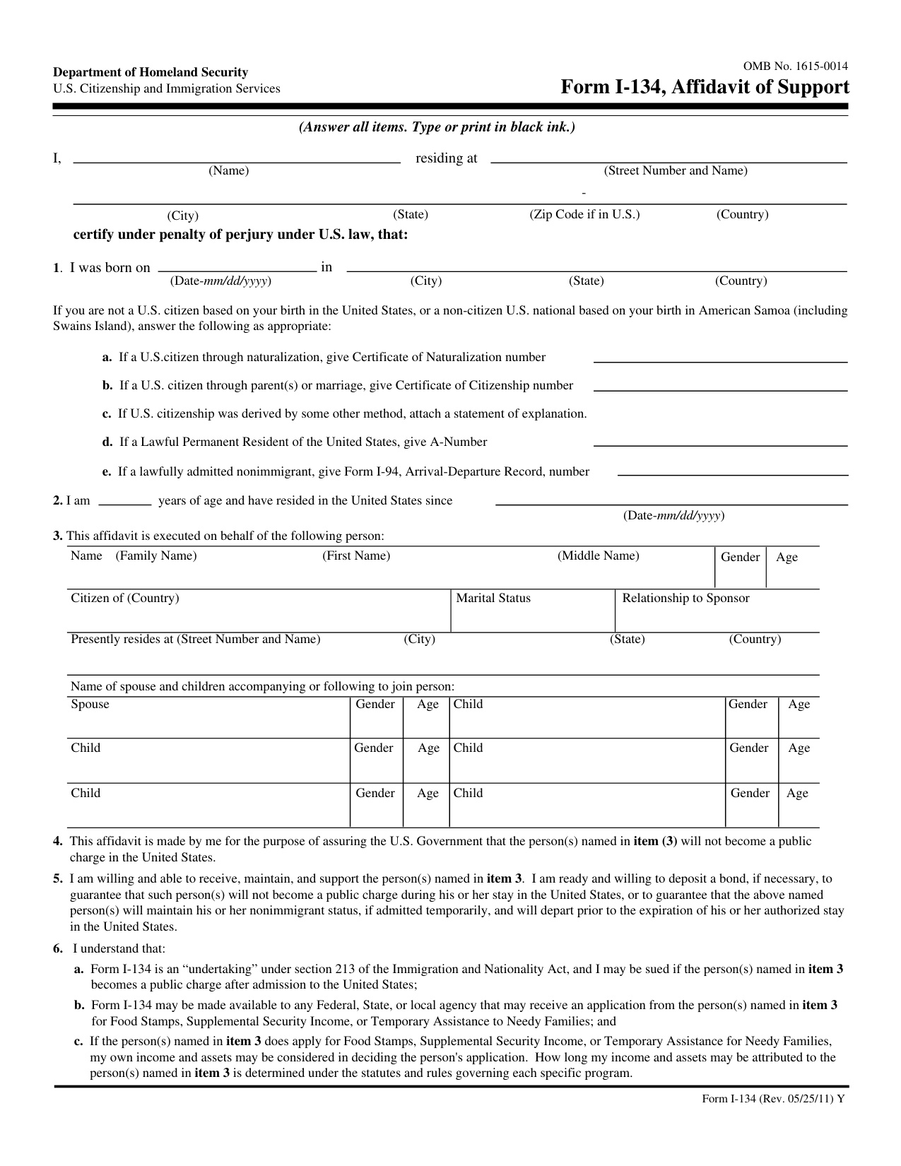 Form I-134 book cover