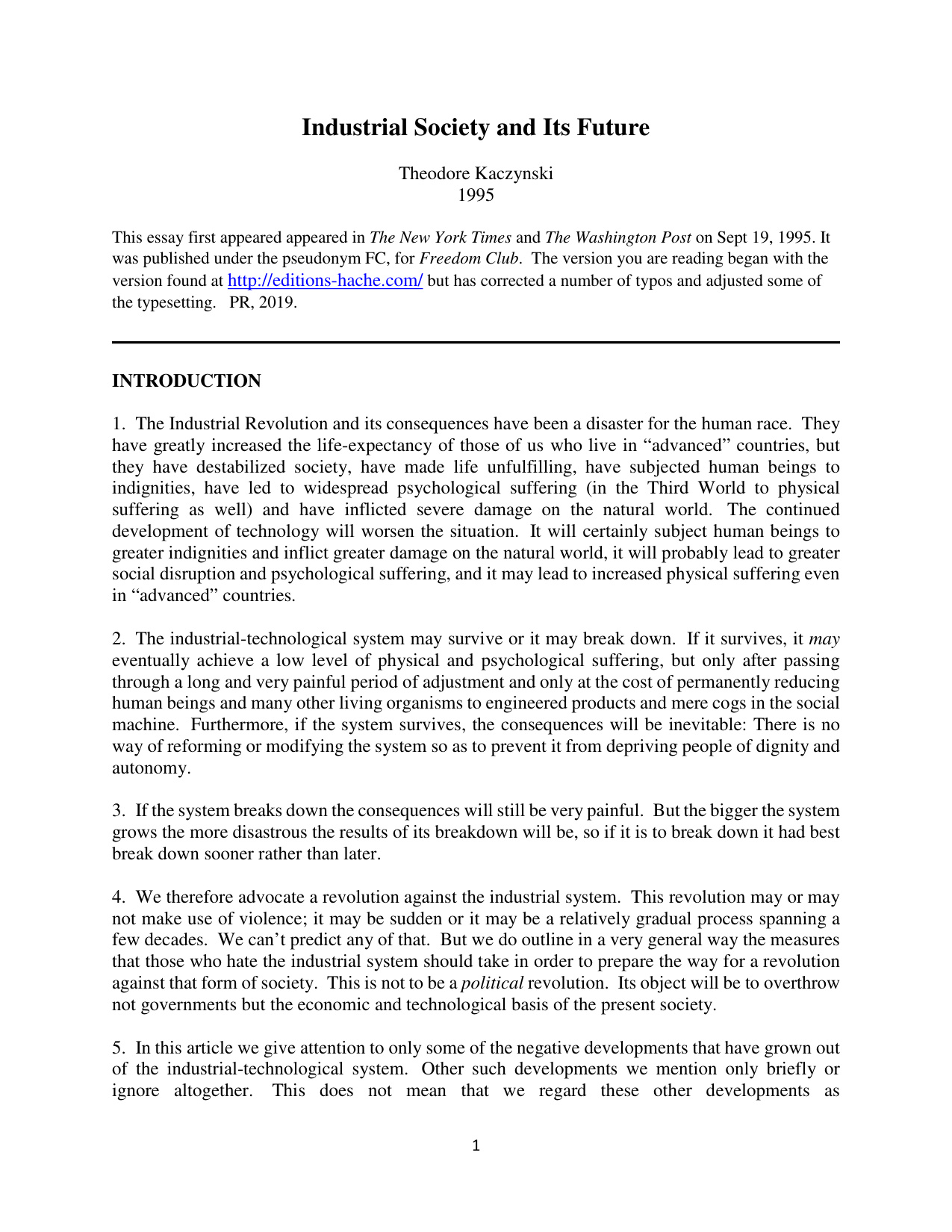 Industrial Society And Its Future book cover